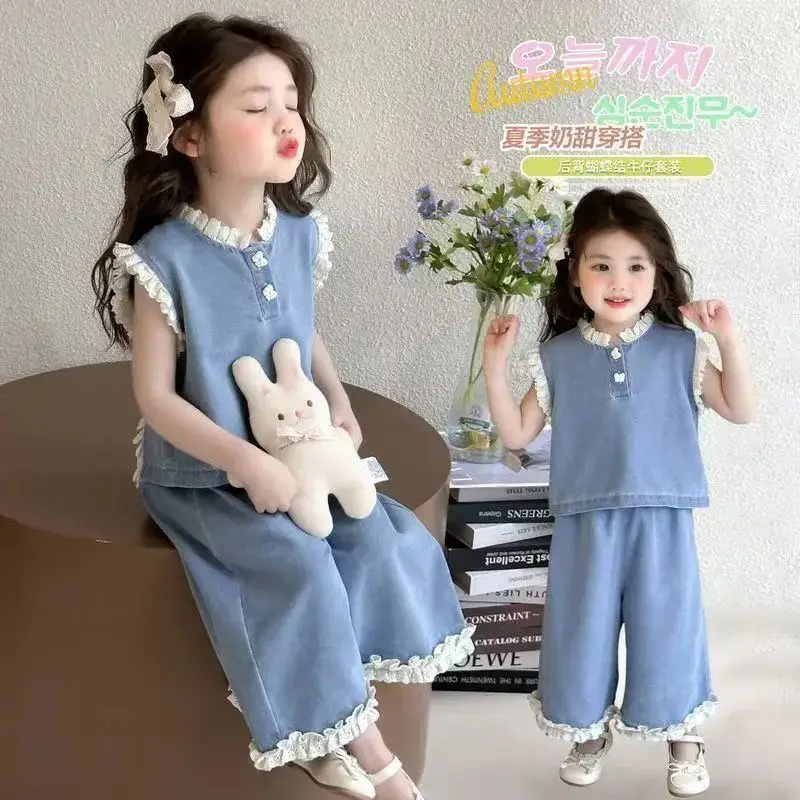 Ensemble en jean pour fille, été 2025, pantalon large, nouveau style tendance, tenue enfant d'été, débardeur sans manche