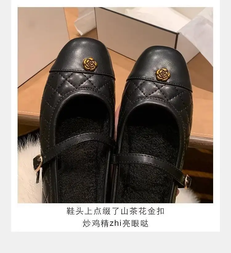 Camellia Flat-Soled Chanel-Style Mary Jane Shoes for Women, 2026 Spring/Summer New Korean Fashion Quilted Ballet Flats