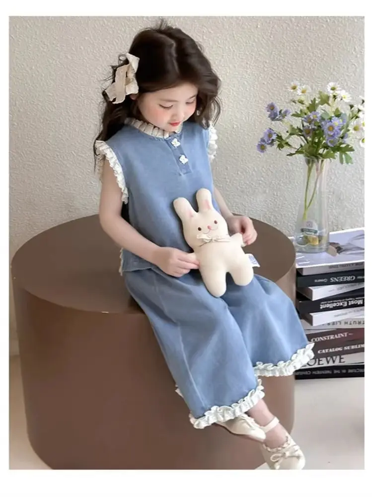 Ensemble en jean pour fille, été 2025, pantalon large, nouveau style tendance, tenue enfant d'été, débardeur sans manche