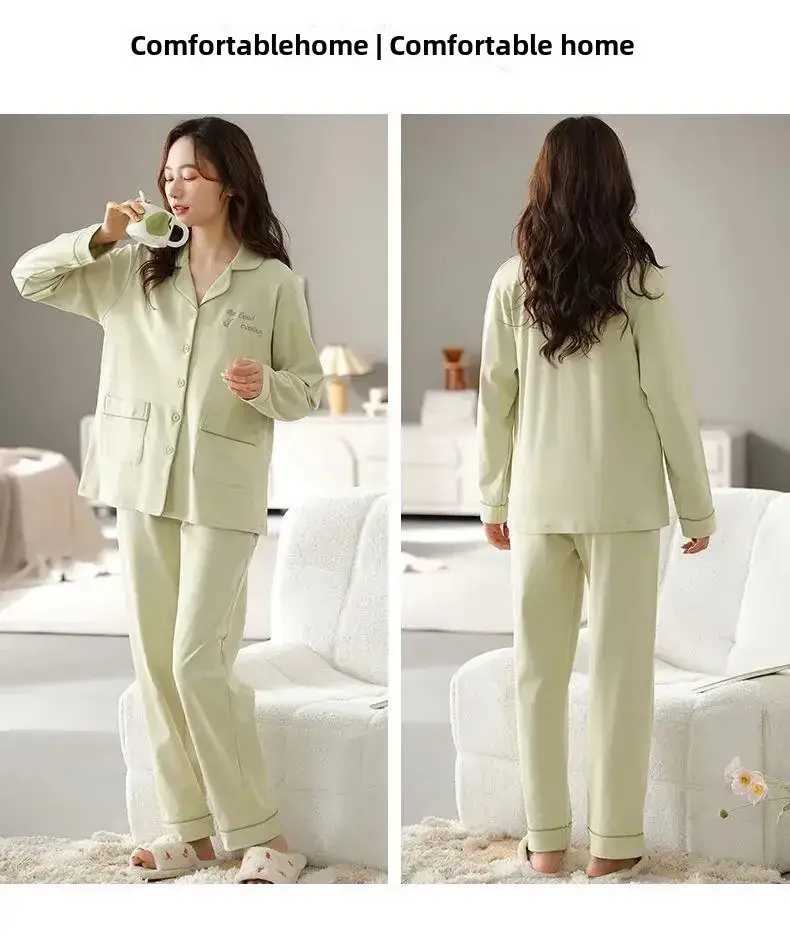 100 Cotton High-end Pajamas Women Spring and Autumn Trousers Cardigan Loose plus size Middle-aged and Young People Outfi