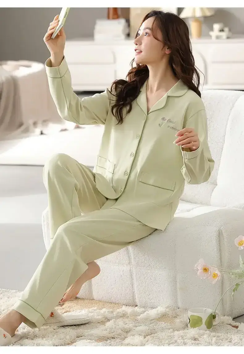 100 Cotton High-end Pajamas Women Spring and Autumn Trousers Cardigan Loose plus size Middle-aged and Young People Outfi