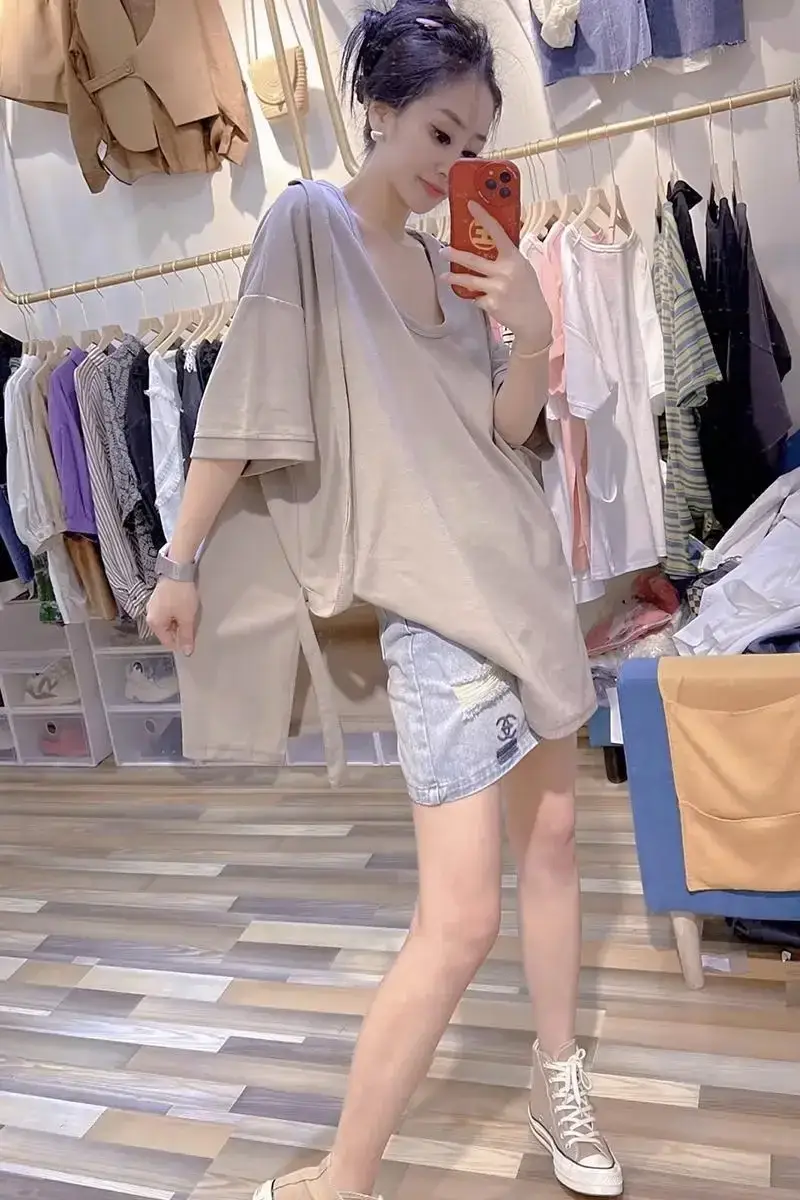 Haut manches courtes décontracté pour femme grande taille 2-300 jin, style européen, avec liens et fentes, coupe ample,