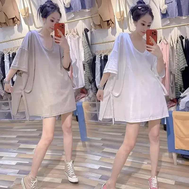 Haut manches courtes décontracté pour femme grande taille 2-300 jin, style européen, avec liens et fentes, coupe ample,