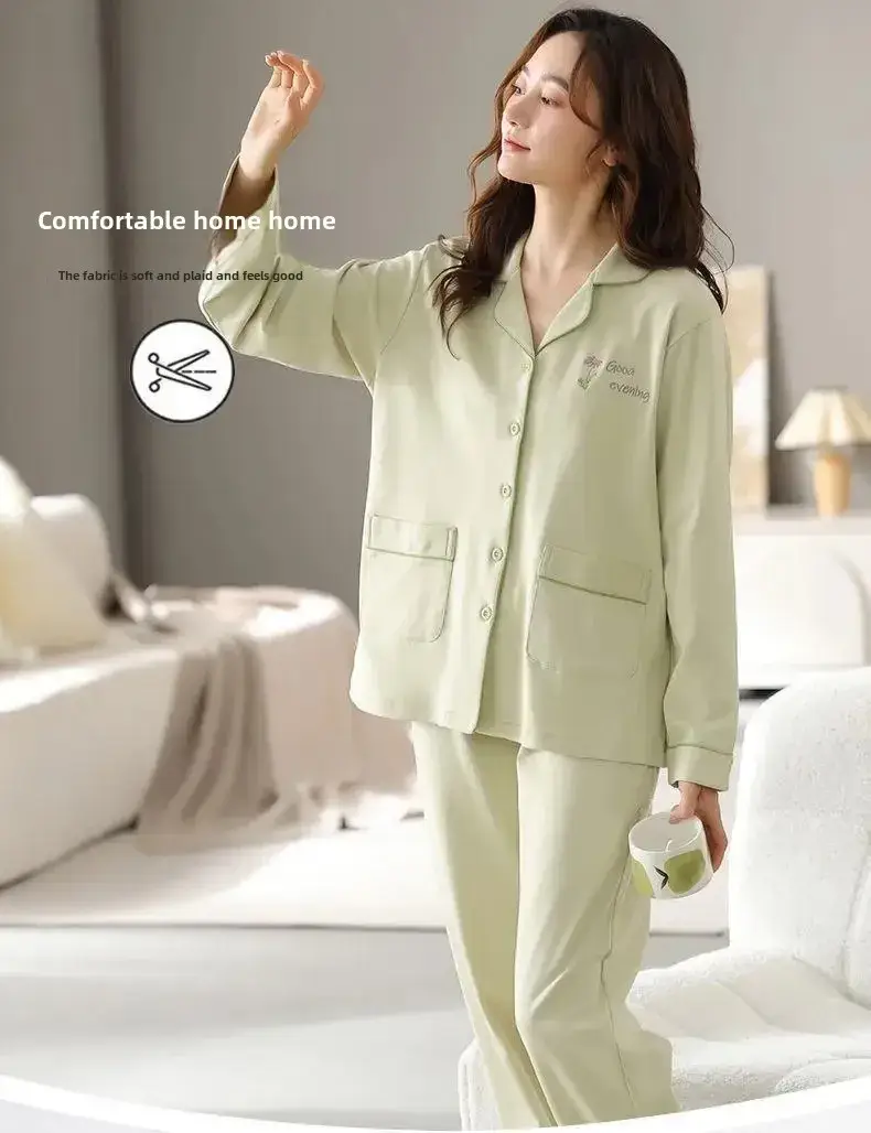 100 Cotton High-end Pajamas Women Spring and Autumn Trousers Cardigan Loose plus size Middle-aged and Young People Outfi