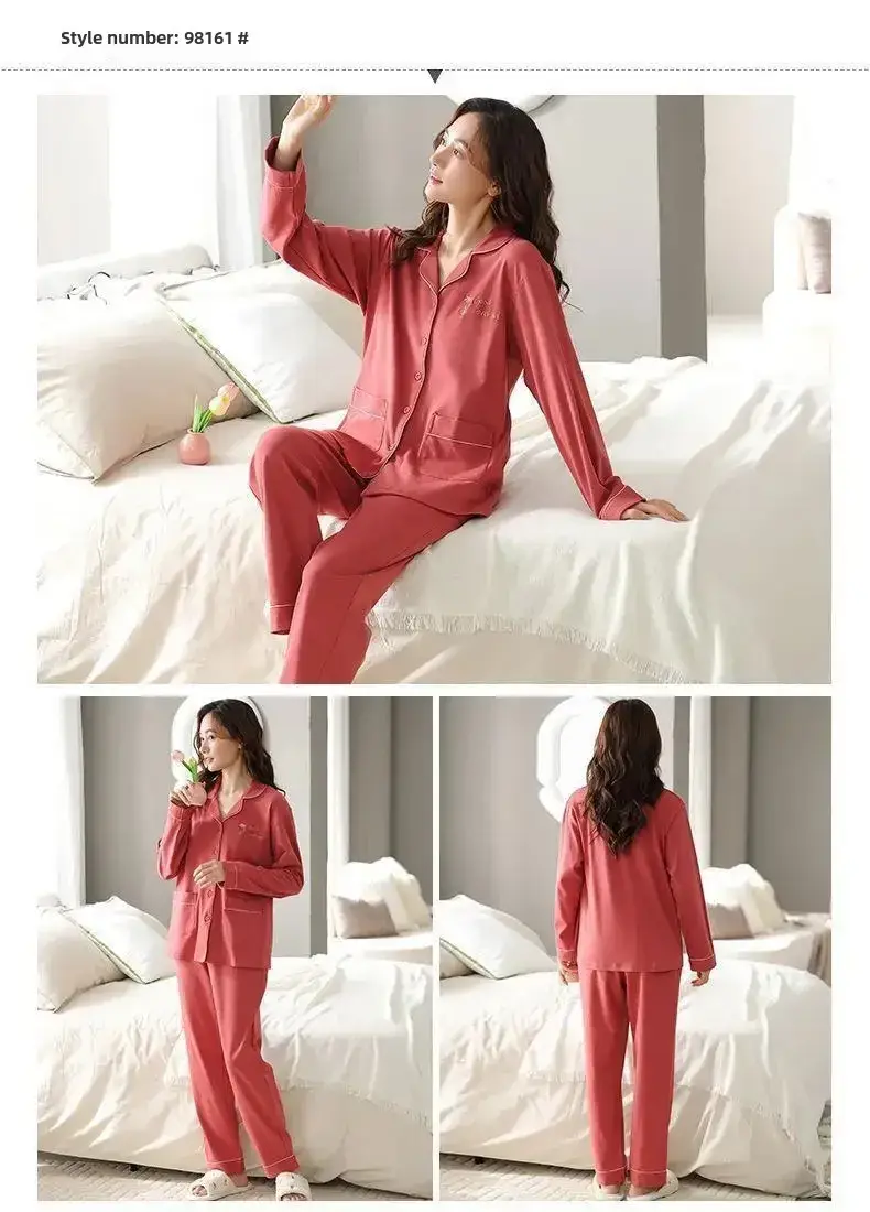 100 Cotton High-end Pajamas Women Spring and Autumn Trousers Cardigan Loose plus size Middle-aged and Young People Outfi