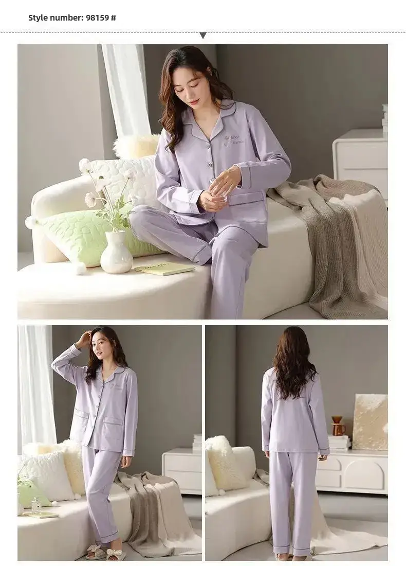 100 Cotton High-end Pajamas Women Spring and Autumn Trousers Cardigan Loose plus size Middle-aged and Young People Outfi