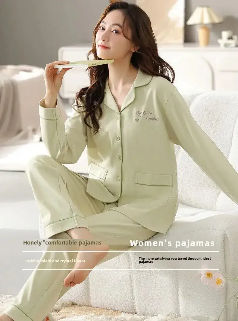 100 Cotton High-end Pajamas Women Spring and Autumn Trousers Cardigan Loose plus size Middle-aged and Young People Outfi